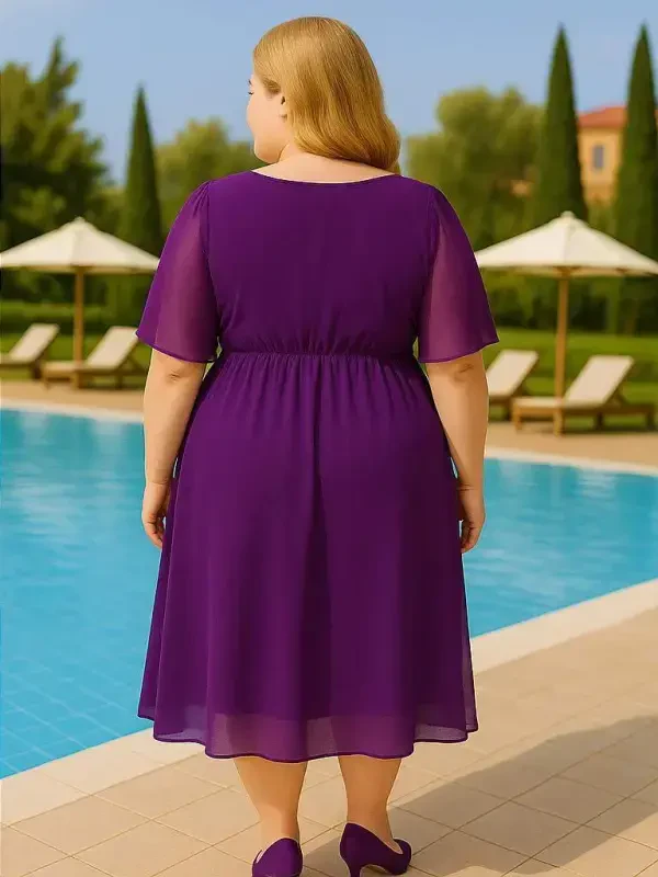 Plus Size Elastic Waist Cape Sleeve Comfortable Chiffon Dress KL3096 Purple - 3