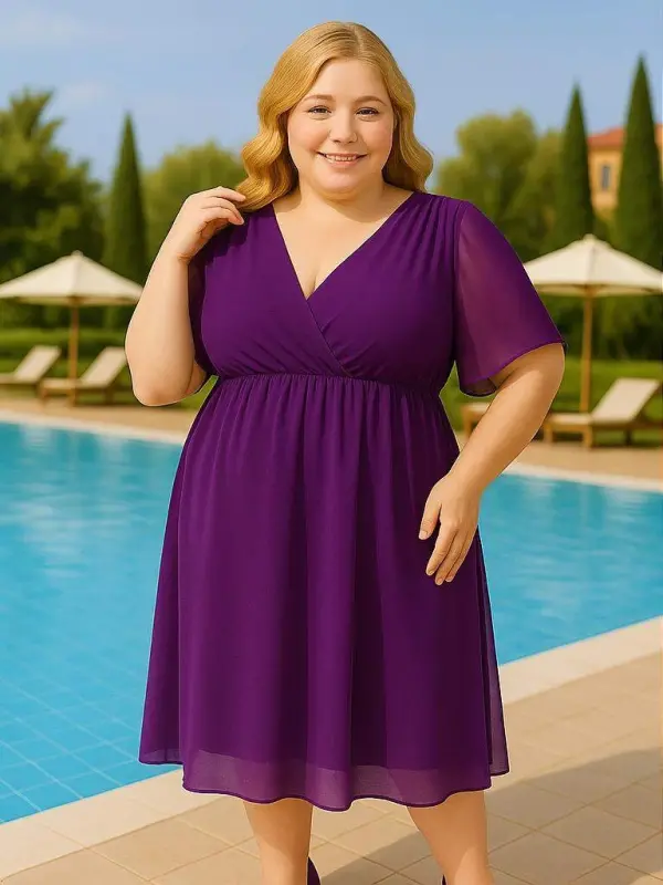 Plus Size Elastic Waist Cape Sleeve Comfortable Chiffon Dress KL3096 Purple - BÜYÜKBEDENIZ