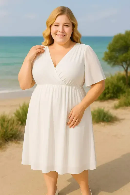 Plus Size Elastic Waist Cape Sleeve Comfortable Chiffon Dress KL3096 White - BÜYÜKBEDENIZ