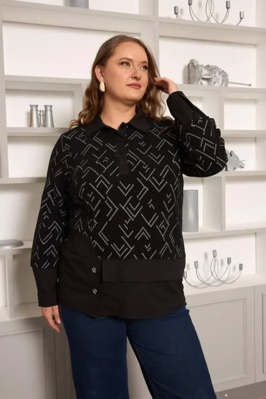 Plus Size Embellished Blouse Black - BÜYÜKBEDENIZ