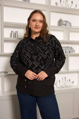 Plus Size Embellished Blouse Black - BÜYÜKBEDENIZ (1)