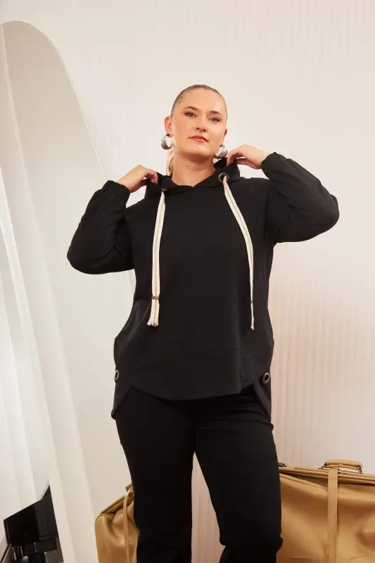 Plus Size Embellished Lace-up Corduroy Sweatshirt Black - 1
