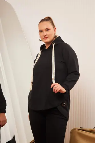 Plus Size Embellished Lace-up Corduroy Sweatshirt Black - 13