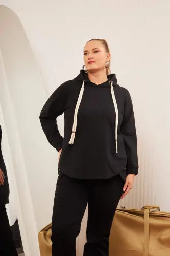 Plus Size Embellished Lace-up Corduroy Sweatshirt Black - 12