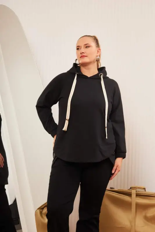 Plus Size Embellished Lace-up Corduroy Sweatshirt Black - 3