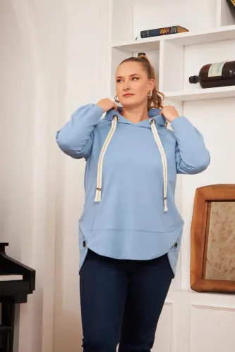 Plus Size Embellished Lace-Up Corduroy Sweatshirt Blue - 1