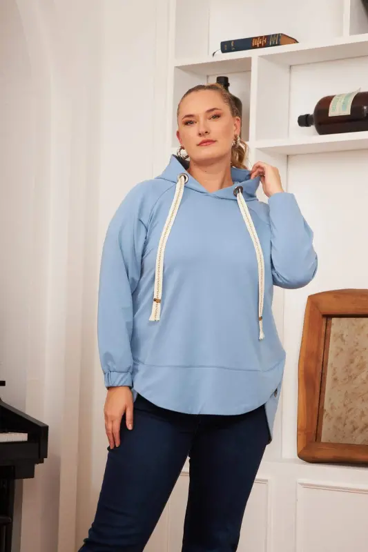 Plus Size Embellished Lace-Up Corduroy Sweatshirt Blue - 4