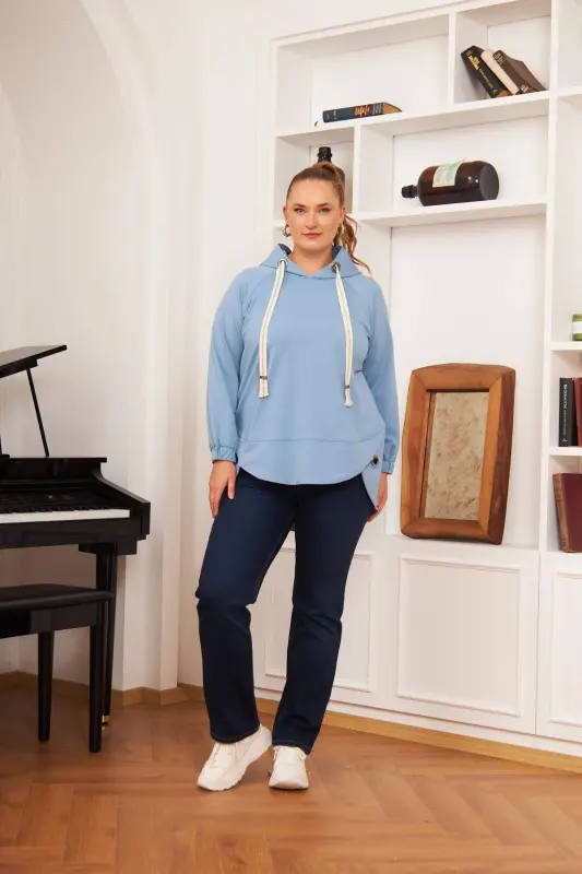 Plus Size Embellished Lace-Up Corduroy Sweatshirt Blue - 5