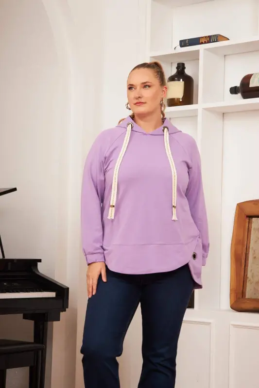 Plus Size Embellished Lace-up Corduroy Sweatshirt Lilac - 2