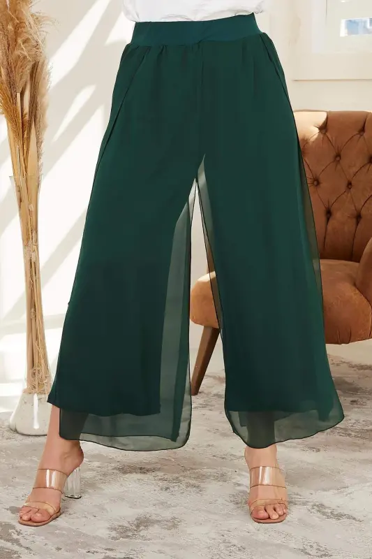 Plus Size Emerald Chiffon Pants with Elastic Waist - BÜYÜKBEDENIZ
