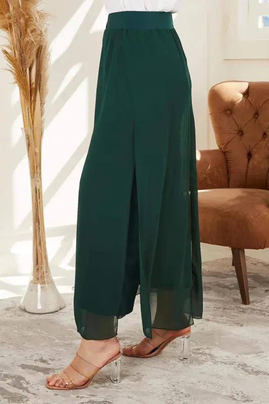 Plus Size Emerald Chiffon Pants with Elastic Waist - 2