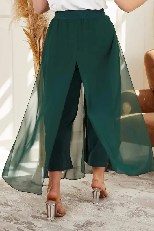 Plus Size Emerald Chiffon Pants with Elastic Waist - 4