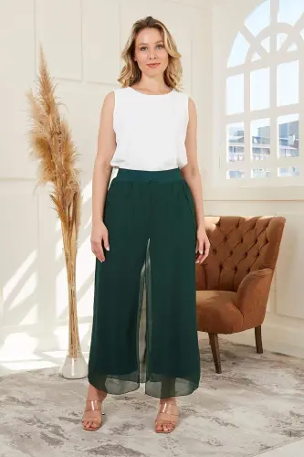 Plus Size Emerald Chiffon Pants with Elastic Waist - 5