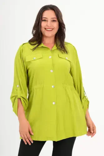 Plus Size Epaulet Shoulder Pockets Flap Olive Trench Coat - 1