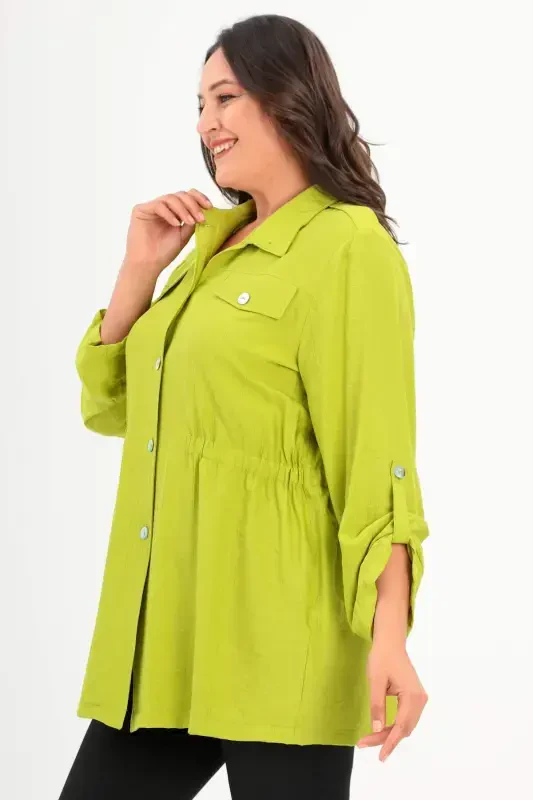 Plus Size Epaulet Shoulder Pockets Flap Olive Trench Coat - 3