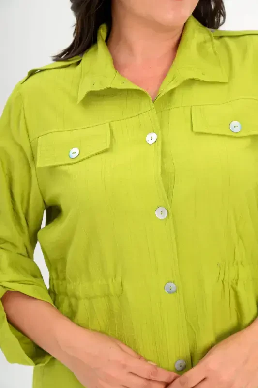 Plus Size Epaulet Shoulder Pockets Flap Olive Trench Coat - 4