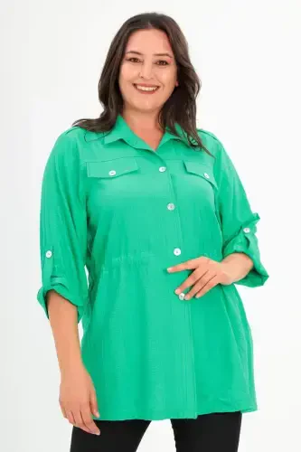 Plus Size Epaulette Pocket Flap Green Trench Coat - 1