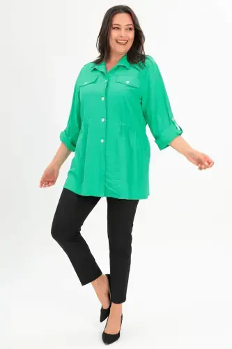 Plus Size Epaulette Pocket Flap Green Trench Coat - BÜYÜKBEDENIZ (1)