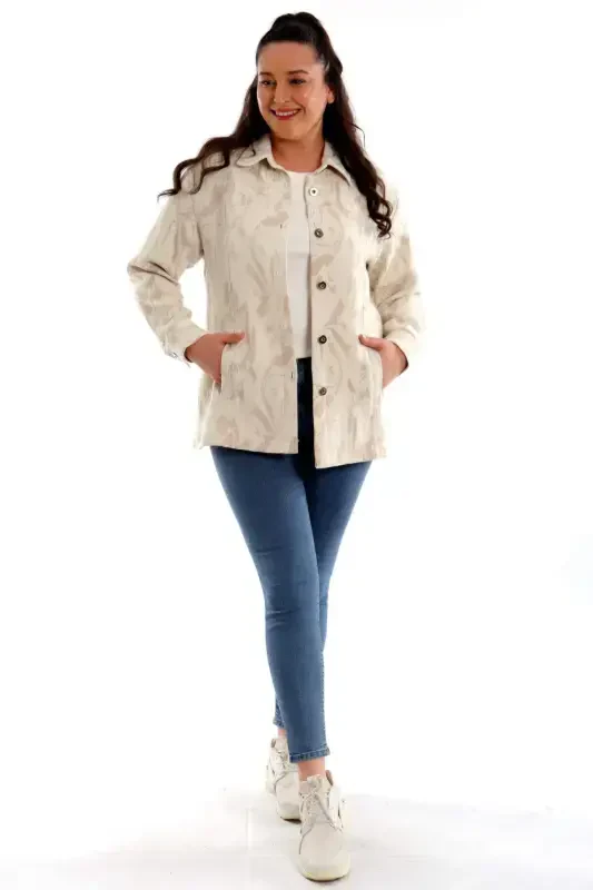 Plus Size Faux Button Jacquard Beige Blazer - 9