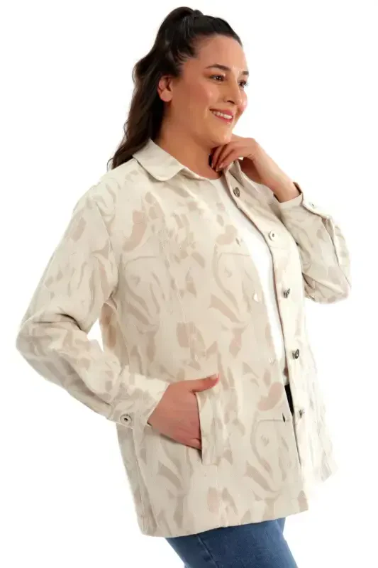 Plus Size Faux Button Jacquard Beige Blazer - 7
