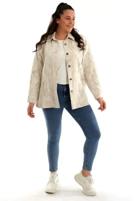 Plus Size Faux Button Jacquard Beige Blazer - 6