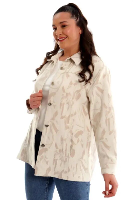 Plus Size Faux Buttoned Jacquard Beige Jacket - 3
