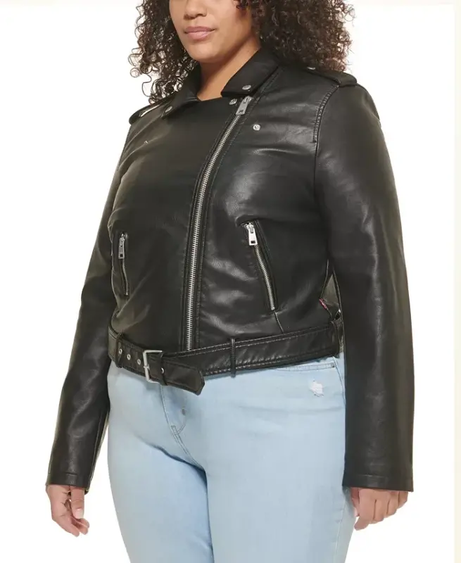 Plus Size Faux Charm Teri Qilma Kamarli Mototsikl Kurtkasi - 3