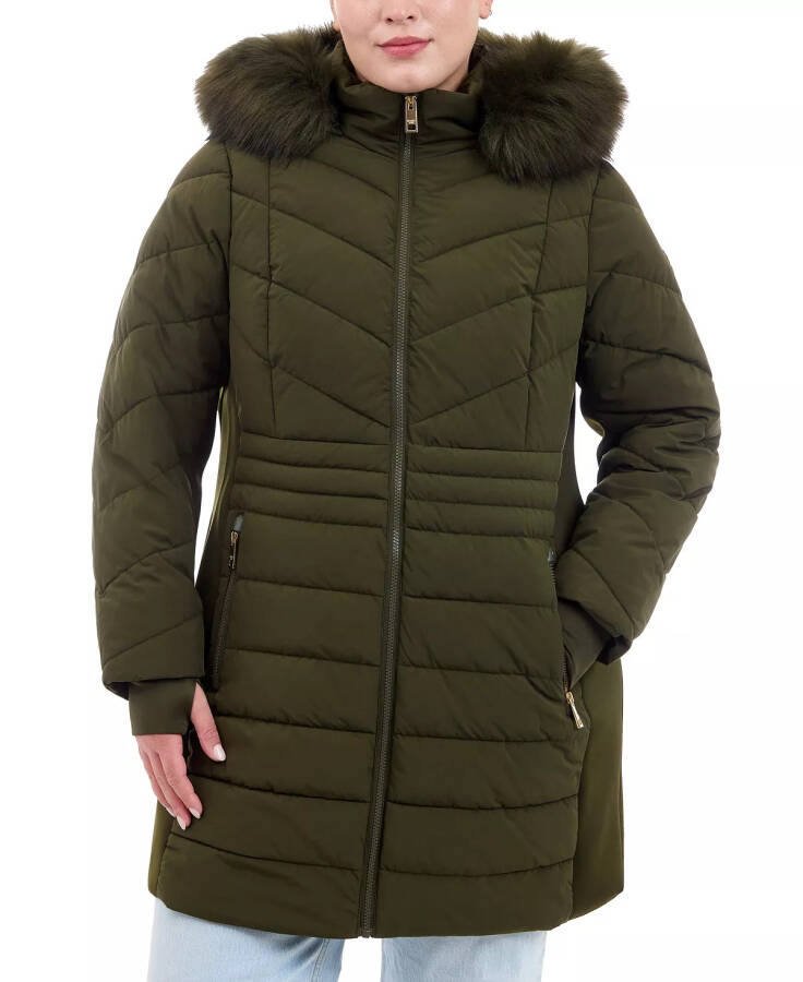 Plus Size Faux-Fur-Trim Hooded Puffer Coat, Created for Modazone Olive - 1