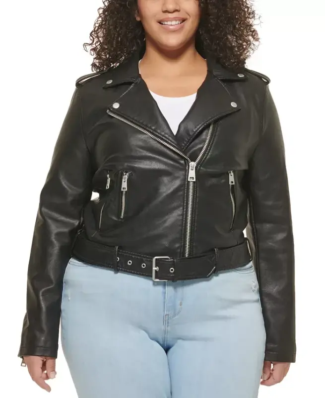 Plus Size Faux Leather Belted Motorcycle Jacket - LEVI'S