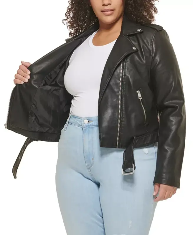 Plus Size Faux Leather Belted Motorcycle Jacket - 2