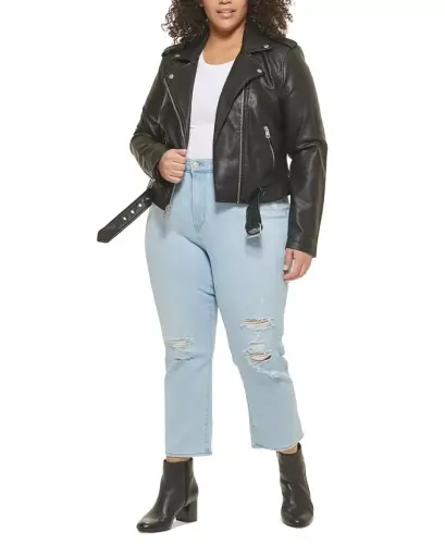 Plus Size Faux Leather Belted Motorcycle Jacket - 4