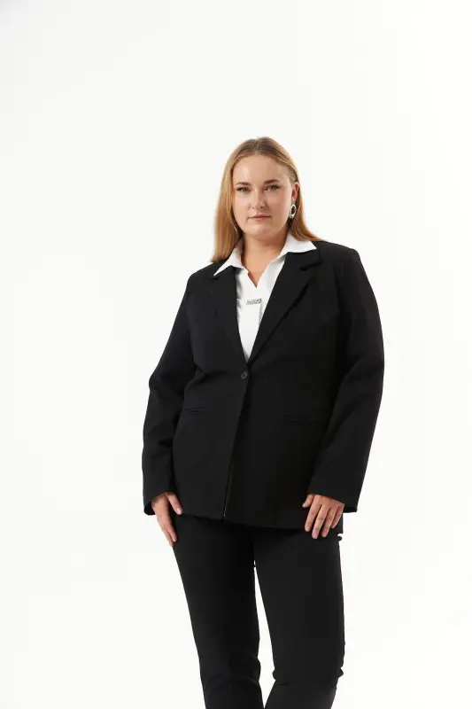Plus Size Filet Pocket Lined Jacket Black - BÜYÜKBEDENIZ