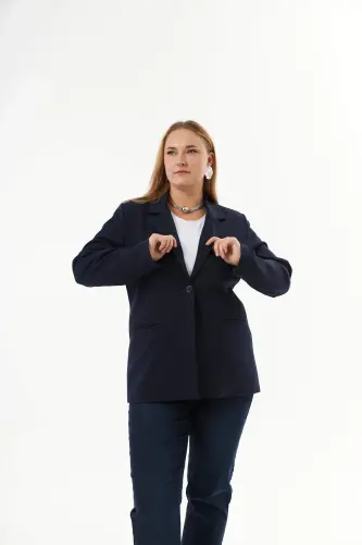 Plus Size Fillet Pocket Lined Jacket Navy Blue - BÜYÜKBEDENIZ (1)