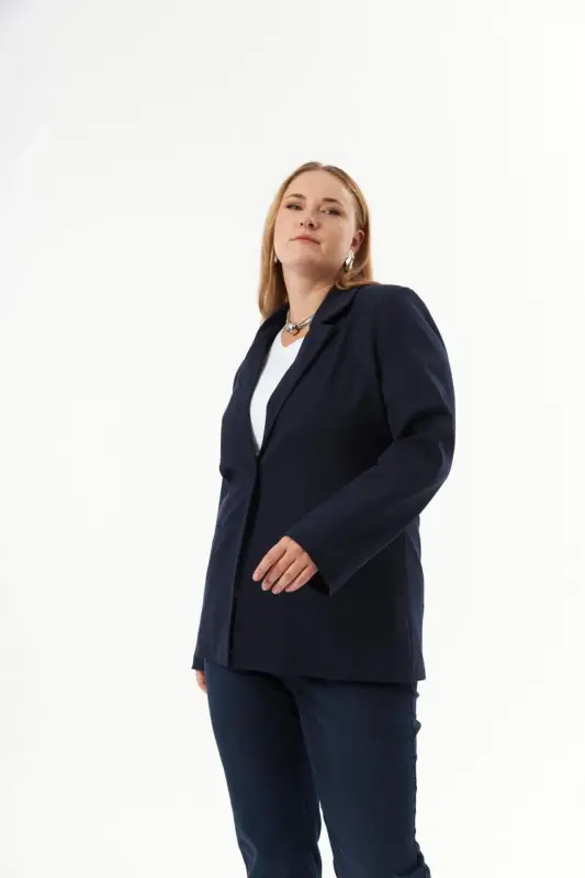 Plus Size Fillet Pocket Lined Jacket Navy Blue - 3