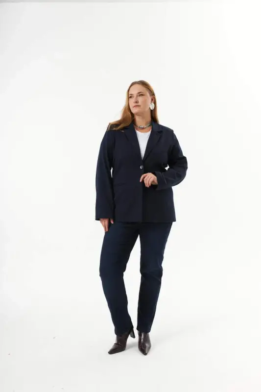 Plus Size Fillet Pocket Lined Jacket Navy Blue - 5