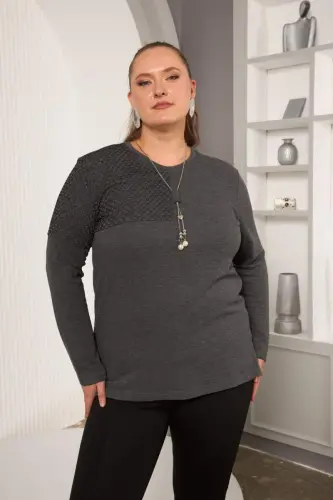 Plus Size Fishnet and Necklace Detail Blouse Anthracite - 1
