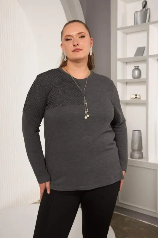 Plus Size Fishnet and Necklace Detail Blouse Anthracite - BÜYÜKBEDENIZ