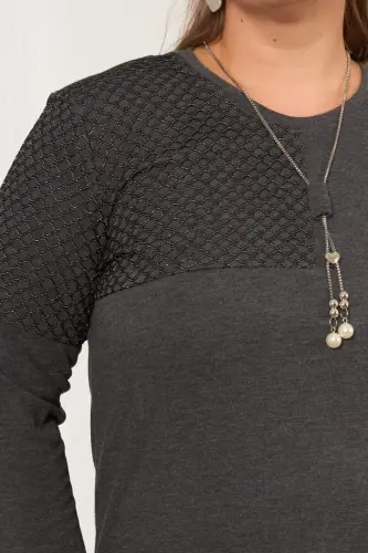 Plus Size Fishnet and Necklace Detail Blouse Anthracite - BÜYÜKBEDENIZ (1)