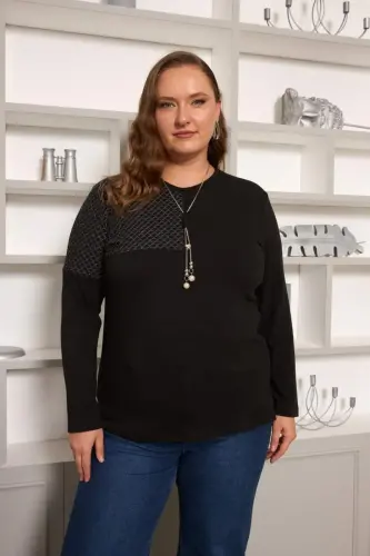 Plus Size Fishnet and Necklace Detail Blouse Black - 1