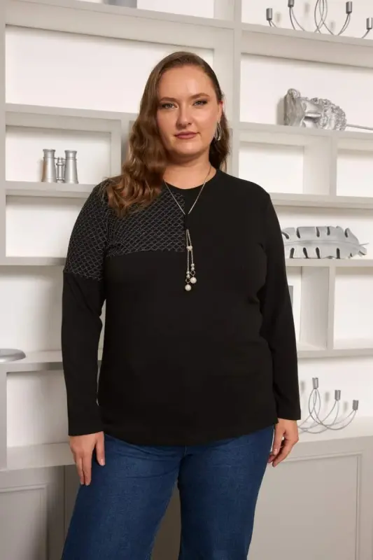 Plus Size Fishnet and Necklace Detail Blouse Black - BÜYÜKBEDENIZ