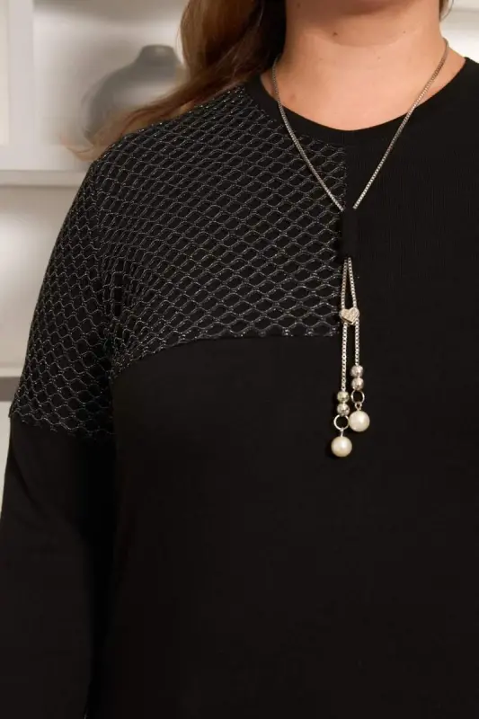 Plus Size Fishnet and Necklace Detail Blouse Black - 2