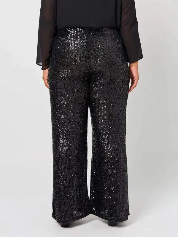 Plus Size Flared Sequin Black Pants with Elastic Waist (40–62) - 2