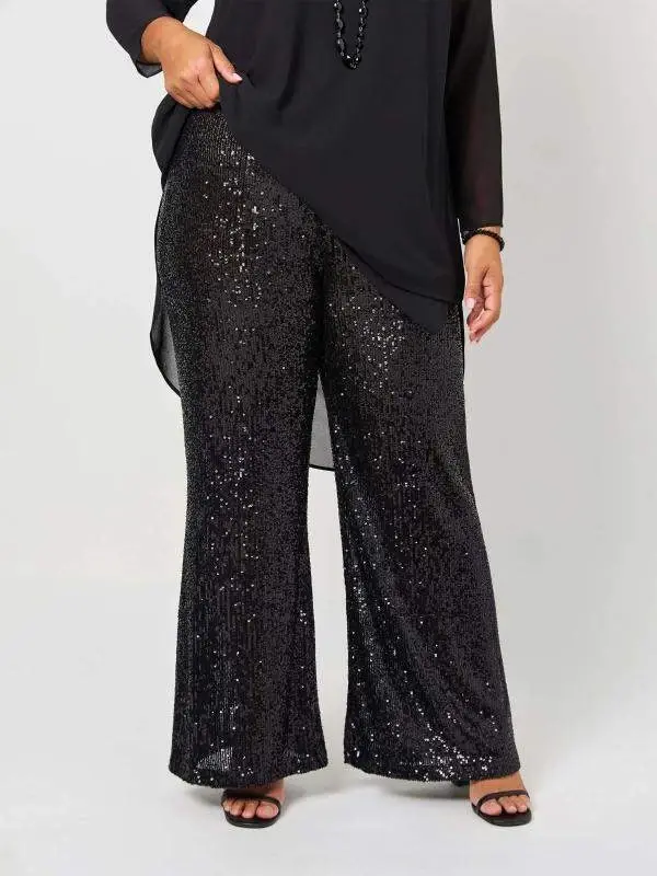 Plus Size Flared Sequin Black Pants with Elastic Waist (40–62) - BÜYÜKBEDENIZ