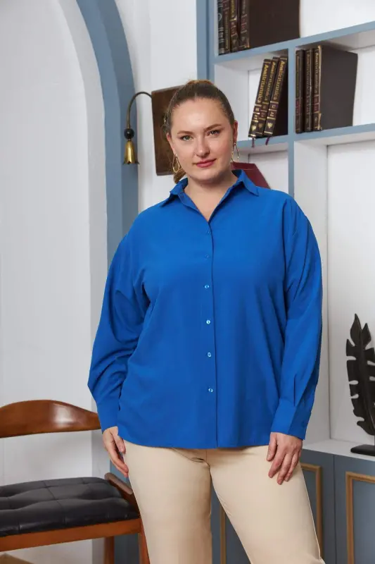 Plus Size Flowy Long Sleeve Shirt Blue - 1