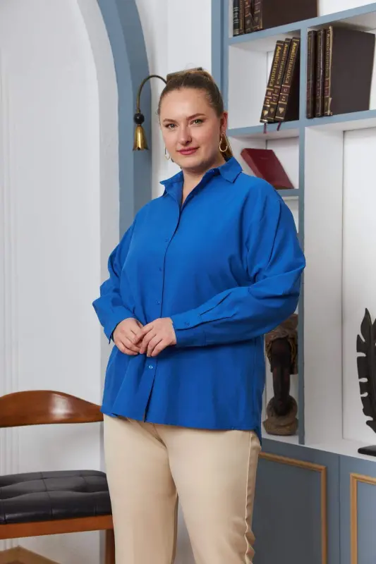 Plus Size Flowy Long Sleeve Shirt Blue - 2