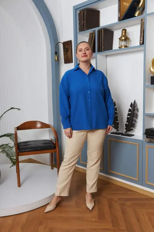 Plus Size Flowy Long Sleeve Shirt Blue - 4