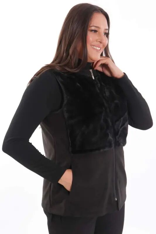 Plus Size Front Fur Detailed Zippered Black Vest - 3