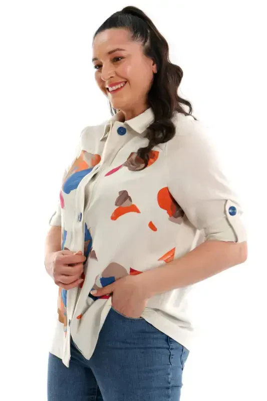 Plus Size Front-Leaf-Printed Coat Sax - 7