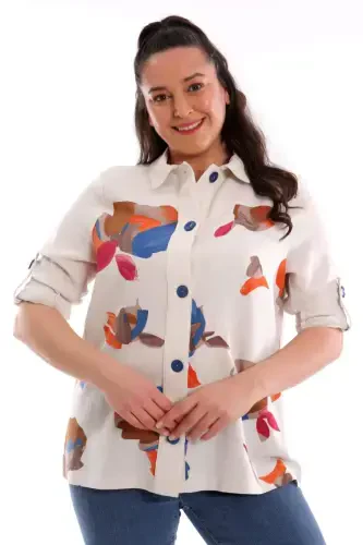 Plus Size Front-Leaf-Printed Coat Sax - 1