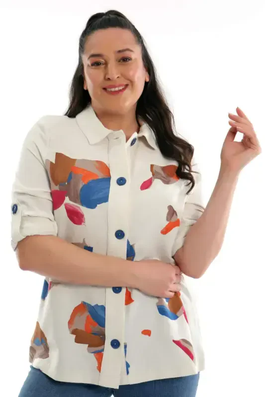 Plus Size Front-Leaf-Printed Coat Sax - 3